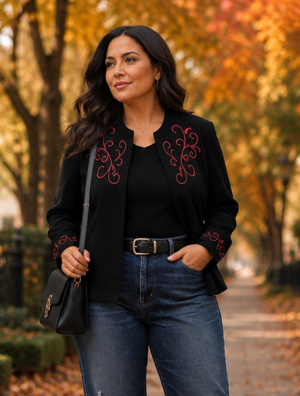 Vintage Ann Travis Black Collarless Blazer with Red Embroidery Size 16W Petite - Picture 3 of 15